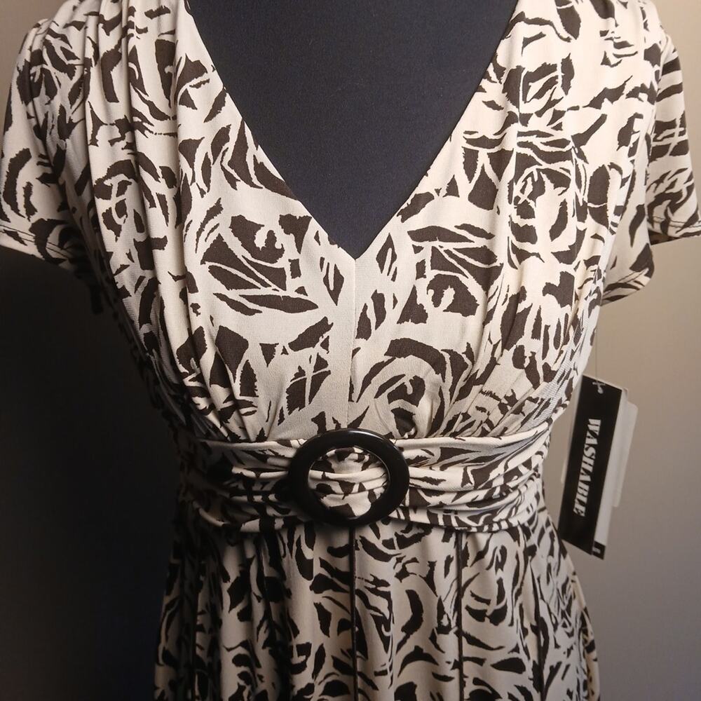 Perceptions Abstract Short Cap Sleeve Dress Beige/Brown Women's Petite 6 NWT - Picture 6 of 8